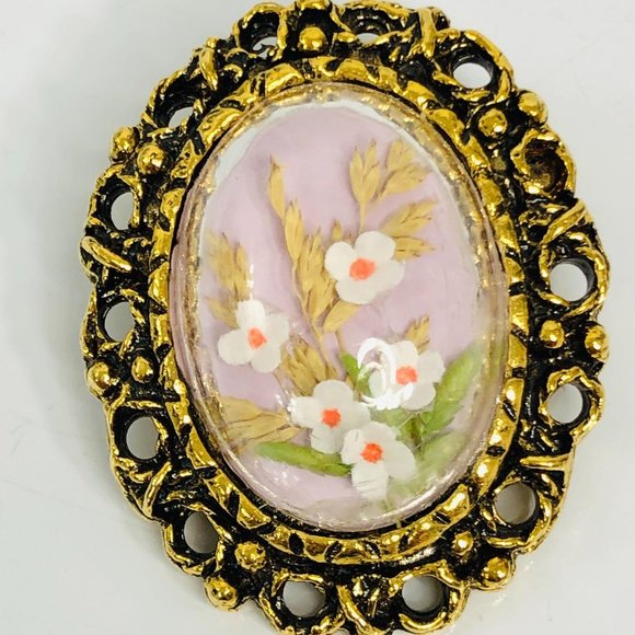 Vintage Bubble Brooch Pressed Flowers Antique Gold - Picture 6 of 9